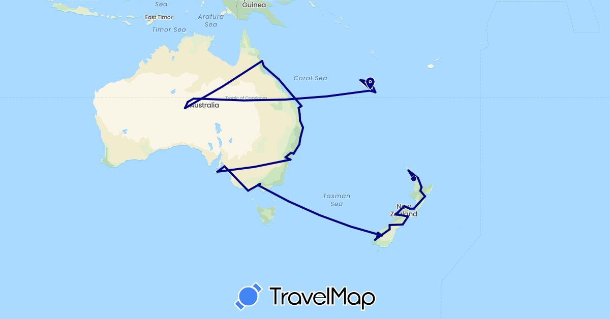 TravelMap itinerary: driving in Australia, New Caledonia, New Zealand (Oceania)